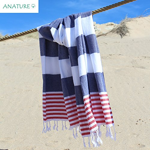 ANATURE Marina Hamamtuch – Navy Blue/Red – 100% Baumwolle – OEKO-TEX Standard 100 Certificat – Prewashed – super sanft – direkte Nutzung – Hamamtuch – Badetuch – Handtuch Backpacker – Strandtuch – Saunatuch – Babytuch – Turkish Towel – Pestemal – Fouta - 2
