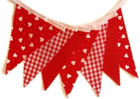 3 metres (10ft) Plain Red, Red Gingham and Red with White Hearts on White Tape - Single-Sided Bunting - 12 flags - Rustic Barn Wedding Valentine