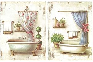 DCINE Cuadros Decorativos de baño Set de 2 Cuadros de 19 cm x 25 cm x 4 mm unid. Adhesivo FÁCIL COLGADO. Adorno Decorativo. Decoración Pared hogar