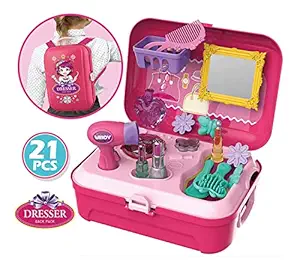 WireScorts Pretend Play Dresser Back Pack Set Beauty Make up Set for Gilrs 21Pcs - Pink