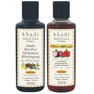 Satvayush Khadi Khadi Amla Reetha Shikakai Bhringraj Shampoo & Red Onion Hibiscus Shampoo (Pack of 2)- 210 ml Each