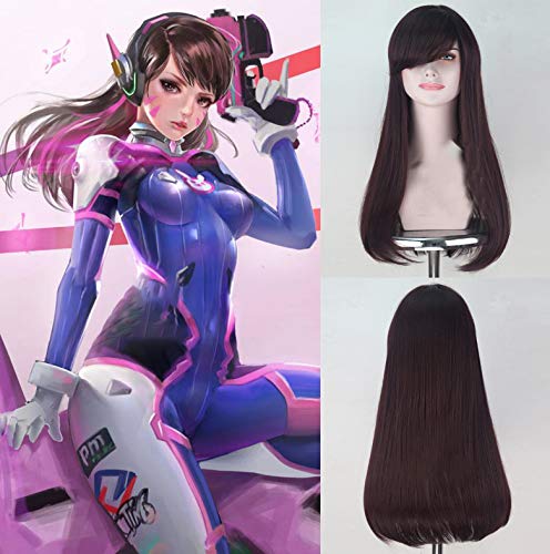 Party Queen Overwatch OW Hana Song D.Va - Peluca de pelo sintético largo con brazaletes de fibra de alta temperatura