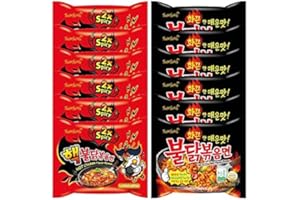 Samyang Fire Noodle Set - Hot Chicken Ramen | 6 x140g Extreme DOPPEL ( Rot), Original (Schwarz) | Vorteilspack 12 Portionen | inkl. 6 Paar Stäbchen