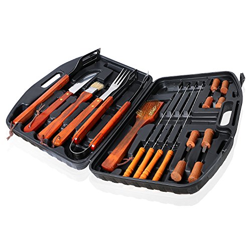 SunJas 18-teilig Grill-set, Grillbesteck-Set, outdoor grill, BBQ Grill, barbecue set, Gabel, Speiße, Bürste, Pinsel, Zange, Spachtel, Leicht zu tragen, Leicht zu reinigen, mit einem robusten schwarzen Koffer, hochwertiges Material, Ungiftige Farbe