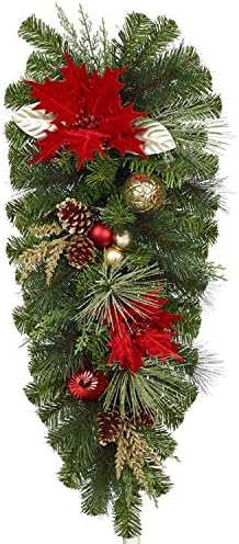 2ft 7" (78.7cm) Battery operated 20 LED Pre-Lit Poinsettia Red and Gold Christmas Swag