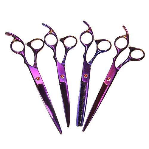 Pet-Grooming-Scissors-Kit-Focuspet-5-PCS-Cutting-Thinning-Curved-Scissors-Comb-with-Pouch-Purple