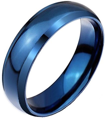 YUUHII ATR Men's 6MM Blue Stainless Steel Beveled Edge Flat Band Couple Domed Wedding Rings, sizes 4 - 14