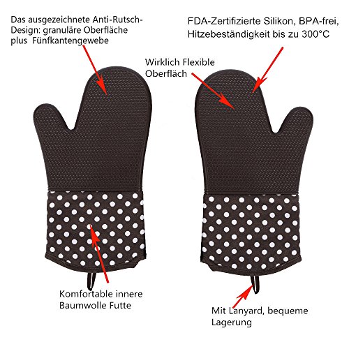 Leesentec Bilayer Hitzerbeständige Ofenhandschuhe, Silikon, 2x Pack, Backhandschuhe, Topfhandschuhe, Grillhandschuhe (Braun) - 2
