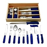 zwilling besteck 6 personen 37-teiliges Starter-Set MILANO, 30-teiliges Menübesteck, Haushaltmesser, Küchenhelfer und Schubladeneinsatz aus Holz. Blaue Kunststoffgriffe. Aus Edelstahl 18/0, nickelfrei, rostfrei, spülmaschinengeeignet