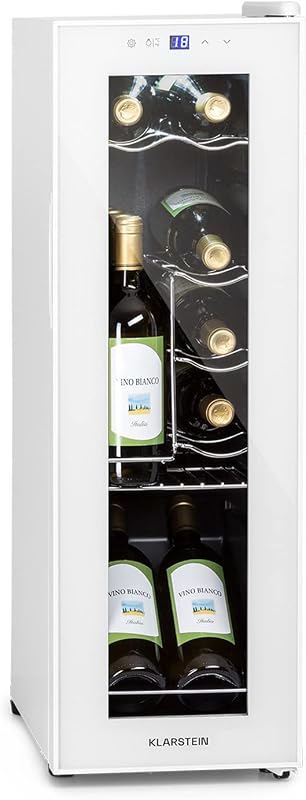 KLARSTEIN Vinoteca para Vinos de 32L Nevera Vino Una Zona, Botellas Vino, Proseco y Cervezas, Vinoteca Pequeña Puerta Cristal para Interior y Exterior, Nevera para Vinos Capacidad 12 Botellas