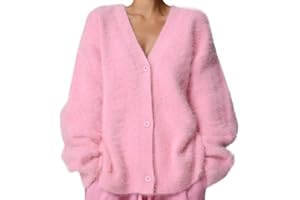 XHHPJ Women's Fuzzy Mohair Sweater Button Down V Neck Long Sleeve Knit Tops Casual Lightweight Cardigan Jackets