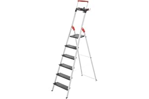Hailo Topline - Escalera de Tijera (6 peldaños de Seguridad XXL, hasta 150 kg, Aluminio con Soporte Extensible y Bloqueo de Plataforma, Escalera de Aluminio Plegable, Modelo L100), Color Negro