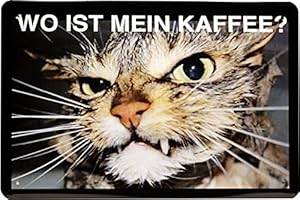 WOGEKA ART Retro Blechschild - Wo ist mein Kaffee? Katze - witziger Spruch als Geschenk-Idee zum Geburtstag Weihnachten zur Dekoration 20x30 cm Vintage-Design aus Metall 1227