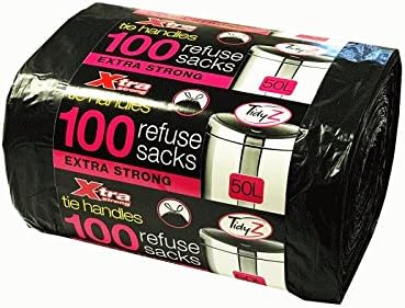 Roll of 100 X-Tra Extra Strong Tie Handle Black Refuse Sack Bin Liner Bags 50 Litre By Tidyz