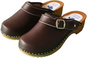 PAFOLI Women’s Leather Clogs - Natural Swedish Handmade Wooden Sole Sandals Easy Fit with Strap Buckle in Smooth Finish Available in All UK Sizes
