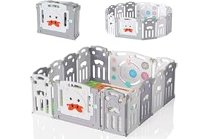 Izrielar Laufgitter Faltbares Laufstall Baby Absperrgitter Aktivitätszentrum Krabbelgitter Schutzgitter für Kinder aus Kunststoff mit Krabbelmatte, Spielpaneel, 14-Paneele Grau und Weiß