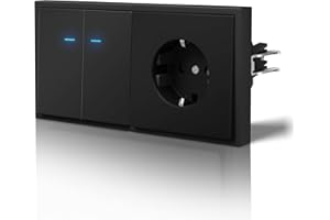 BSEED Interruptor y Enchufe,Basculante con Garfio,Botón Pulsador con Pilotitos LED,Fácil Instalación,C-Series,2 Gang 1 Vía Con Enchufe,150mm Negro