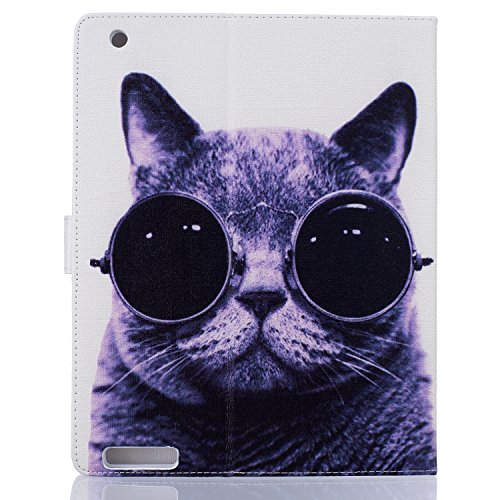 iPad 2 iPad 3 iPad 4 Hülle, DEENOR Bunt Painting und Stilvoll Brieftasche Tasche PU Leder Flip Protective Stand Tasche Schutzhülle Hülle für Apple iPad 2 iPad 3 iPad 4 Generation.[Glasses Cat] - 3