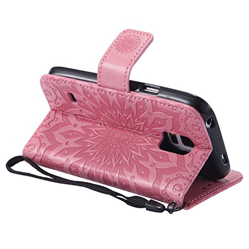 Lonchee Samsung Galaxy S5Mini G800 SM-G800 Leder Wallet Tasche Brieftasche Schutzhülle , Sonnenblumen geprägten Muster Design Hochwertige PU Leder Folio Tasche Case Hülle im Bookstyle mit Standfunktion Kredit Kartenfächer (rosa) - 6