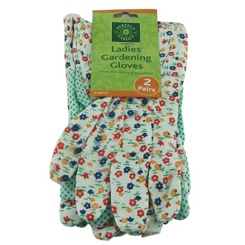 2 Paar Damen Floral Polka Dot Baumwolle Garten-Handschuhe – rutschfeste Grip – mit PVC Extra Grip Dot Muster – ideal für Heimwerker & Garten-– aus 100% Baumwolle – Gute Qualität, Komfort – Gummizug am Handgelenk für Komfort Passform