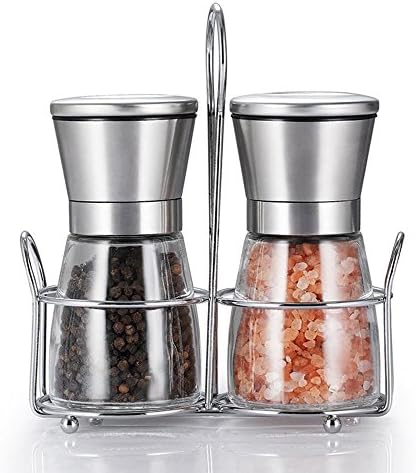 Meshela Salt and Pepper Grinder Set with Stand,Adjustable Coarseness Salt &amp; Pepper Shakers Glass Mill Brushed-Set of 2