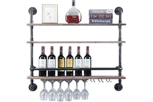 RAINWEEL Étagère à vin, style industriel - Murale - Vintage - Pour bouteille de vin - Avec support en verre - Pour cuisine, salle à manger, bar - 92 x 20 x 89 cm