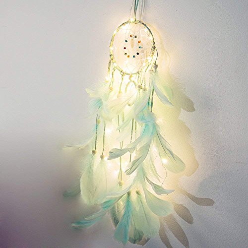 Preisvergleich Produktbild Ndier Traumfänger, Nachtlicht, Rund, Handgefertigt, mit Federn Zum Aufhängen, Dekoration Hellblau