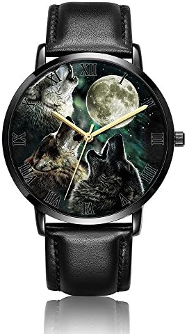[KOSUNG] Moonlight Wolf Wrist Watch, Customized Unisex Waterproof Stainless Steel Wrist Quartz Watch with Black PU Leather Wrist Band for Business Casual Collection Purpose