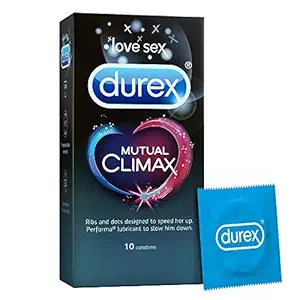 Durex Mutual Climax Condoms for Men & Women - 10 Count |Extra Dotted and Ribbed for Pleasure | Performa Lubricant for Long Lasting Climax Delay|Suitable for use with lubes & toys