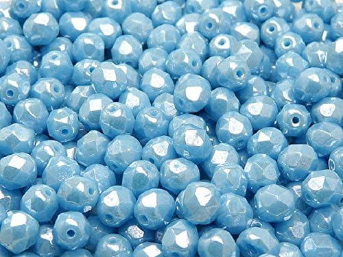 50pcs Czech Fire Polished Beads, Round 6 mm, Turquoise Blue White Luster