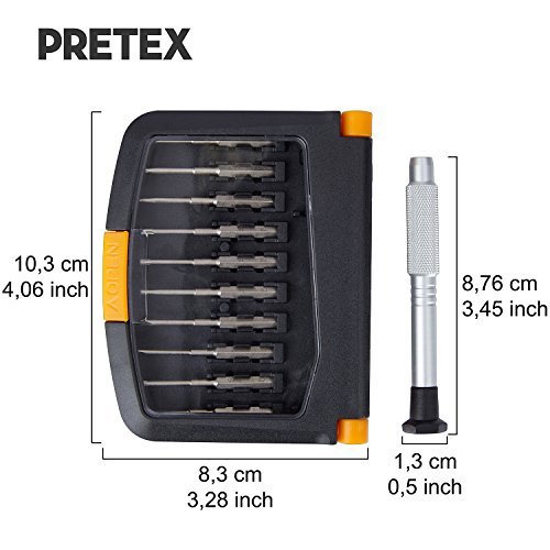 PRETEX Mini Schraubendreher-Set für kleine Schrauben mit 10 Wechsel-Einsätzen, inklusive praktischer Aufbewahrungsbox | 2 Jahre Zufriedenheitsgarantie | Aufsätze: Schlitz (SL 1.5, SL 2.0), Kreuz-Schlitz (PH000, PH00), Torx (T4, T5, T6) und Pentalob (0.8, 1.2, 1.6) | Bit-Set, Torque-Set, Kreuzschlitz-Set, Präzisions Mini-Schraubendreher - 3