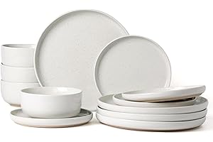 Richmount Milkyway Plates and Bowls Set, 12 Piece Dinner Set, Speckled Stoneware Dinner Set for 4, Chip and Scratch Resistant Dinnerware Sets, Dishwasher & Microwave Safe, White