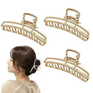 VAGHBHATT 3 Piece Set Strong Long Large Big Metal Hair Claw Clip Barrette Clamp For Thick Long Hair For Making Bun Pullup Updo, NonSlip Secure Hair Clip Grip Jaw Girls Women Hair Accessories(Gold)