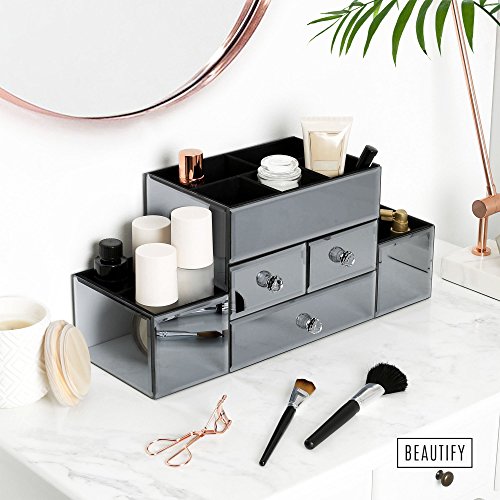 Beautify Rauchgrau Verspiegelte Glas-Schmuckschatulle & Make-up Ordnungssystem mit 3 Schubladen, 9 Aufbewahrungsfächern & Samteinlage inklusive GRATIS Glasreinigungstuch - 6
