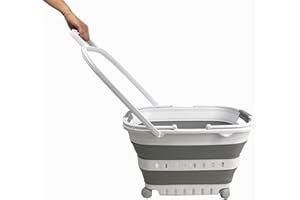 SAMMART 35 l zusammenklappbarer Wäschekorb aus Kunststoff mit Griff und Rollen – faltbarer Pop-Up-Aufbewahrungsbehälter/Organizer mit Griff und Rollen – platzsparend (1, Weiß/Grau)
