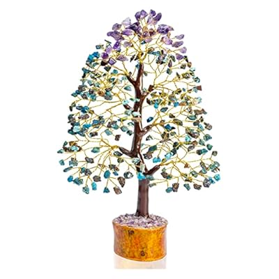 Crocon Turquoise & Amethyst Gemstone Money Tree | Feng Shui Bonsai | Mystical | Attract Good Luck | Chakra Balancing | Reiki Crystal Healing | Spiritual | Enhancement | Decor Size: 10-12 Inch