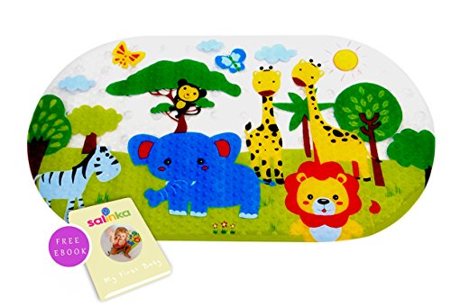 Salinka - Anti Slip Baby Bath Mat - Many Suction Cups - Durable PVC - Colourful Design - Handy Bag for Easy Transport - Free Ebook