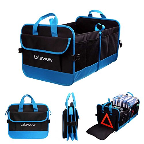 Lalawow Car Storage Box High Density Polyester Foldable Trunk Boot Organiser with 2 PE Plates and Reflective Triangle Warning
