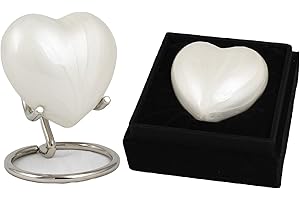 URNSWITHLOVE Small Keepsake Heart Cremation Urn For Ashes With New Improved Lid, Mini Heart Memorial Urn With Box & Stand (Pearl White Aluminium)