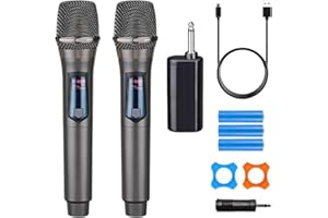 HUACAM Professional Wireless Microphone Dual Metal Dynamic Microphone System with Rechargeable Receiver, for PA System, Karaoke, Meeting, Home KTV, Wedding, DJ, Party (68-V02)