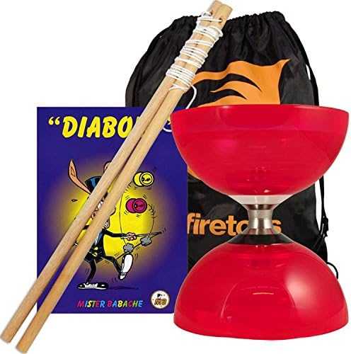 Cyclone Quartz 2 (Red) Triple Bearing Diabolo, Wooden Diablo Sticks, Trick Booklet &amp; Firetoys Bag