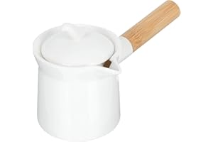 Alipis Petite casserole à lait en céramique avec couvercle et poignée en bois émaillé petit pot de cuisine pour savon café thé lait (300 ml blanc)
