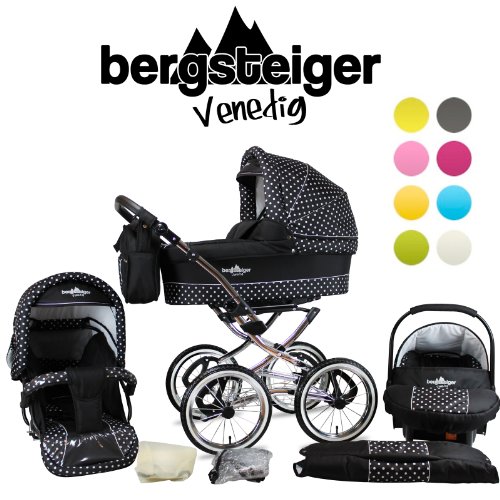 Bergsteiger Venedig Retro Combination Pram 3-in-1 System; car seat; (10-piece mega set; 8 colours)