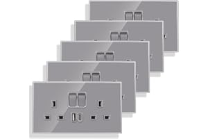 JIMEIDA 5 Pack Double Switched Socket 13 Amp with USB A and Type C 3.1A Charging Ports Crystal Grey Glass Panel Wall Outlet Electric Power Socket