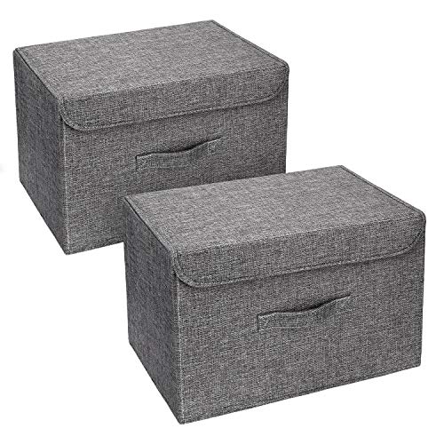 OJ Lot de 2 boites de Rangement,Rangement de Vetement, Pliables en Tissu de Lin avec couvercles et poignées pour Maison, Bureau, crèche, Placard, Chambre à Coucher (Gris)