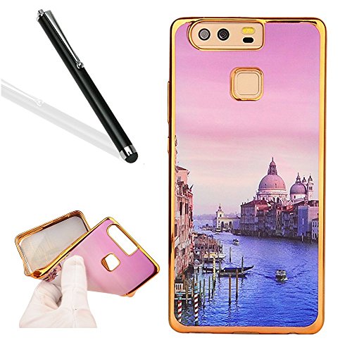 Huawei P9 Case Cover with Free Black Stylus Pen,Leeook Luxury Elegant Beautiful Pink Blue Venice Water City Electroplate Plating Frame Crystal Soft Gel Silicone TPU Case Cover Bumper for Huawei P9
