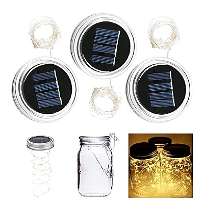 ALED LIGHT Lot de 3 Mason Jar Couvercle Guirlande Lumineuse Solaire Étanche 2m 20 LEDs Lampe d’Ambiance Décoration pour DIY Bocal LED, Bouteille Bricolage, Chambre, Maison, Table, Noël, Mariage, Fête - Blanc Chaud