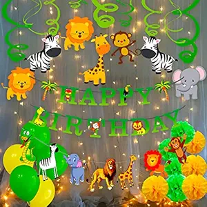 Party Propz Jungle Theme Birthday Decoration Boys-71Pcs Hawaiian Animals Safari Forest Banners Rubber Balloons Pompom Swirls Hanging With Warm Led Light Set For Kids(Green)