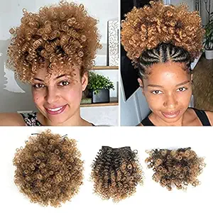 Afro Puff Bun for Natural hair with 2 Replaceable Bangs T30 Afro Puff Drawstring Ponytail with Afro puff Bangs and Spring Curl Bangs Short Afro Kinky Curly Hair Ponytail with Bangs