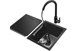 MENG WEI SHOP Fregadero De Barra Negro con Tapa Fregadero De Una Cubeta Fregadero De Encastre Fregadero Bajo Encimera Grifo Extraíble Accesorios Completos (S : 38x30x21.5cm)